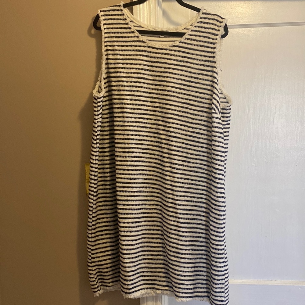 Blue and white strip shift dress with fringe bottom